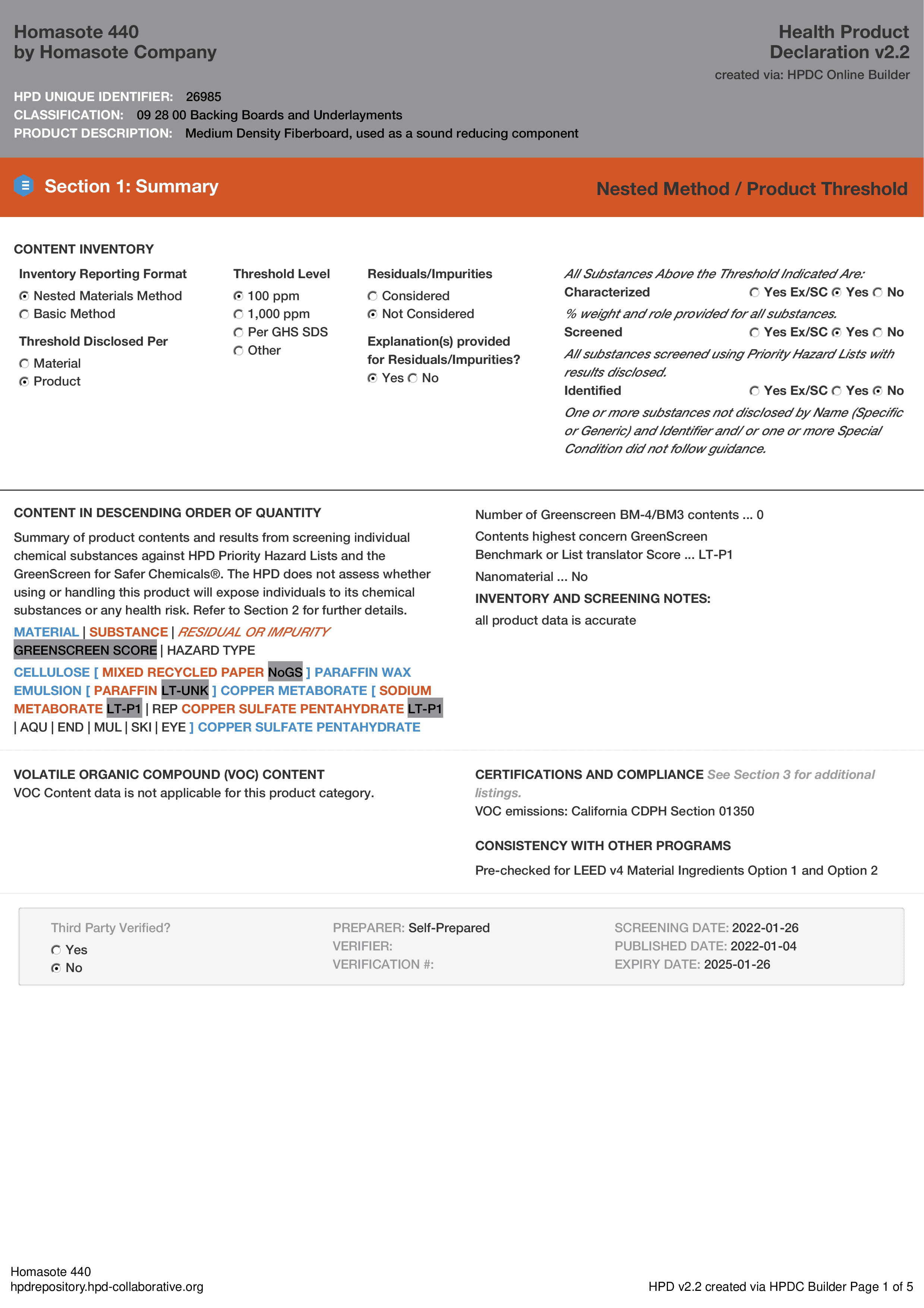 Health Product Declaration<sup>®</sup> for Homasote 440