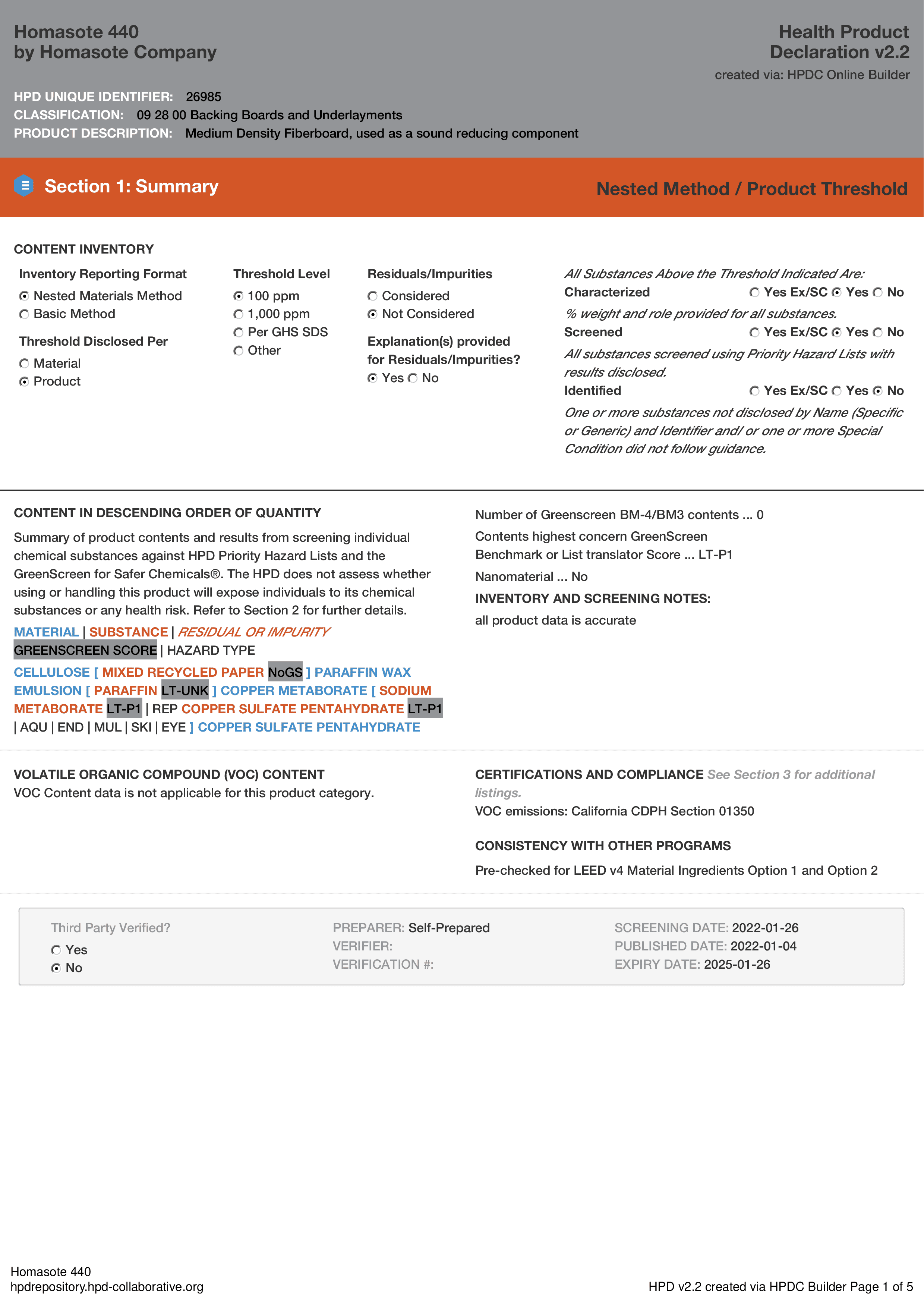 Health Product Declaration<sup></noscript>®</sup> for Homasote 440